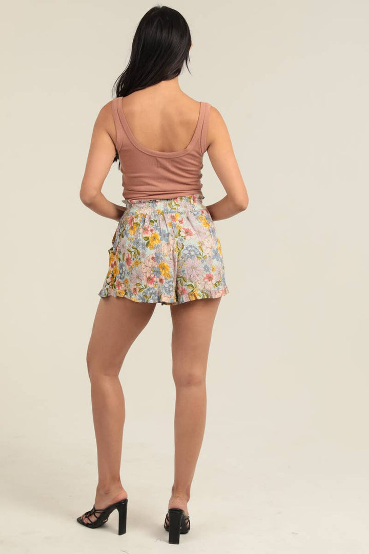 Angie Floral Print Ruffle Hem Tie Waist Shorts in Bay back