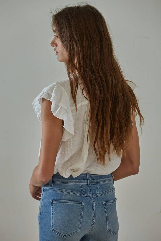 By Together - Woven Button V-Neck Short Sleeve Top White back