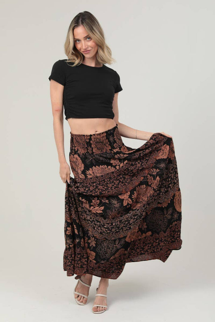 Angie Smocked Waistband Tiered A-Line Maxi Skirt in Black 3