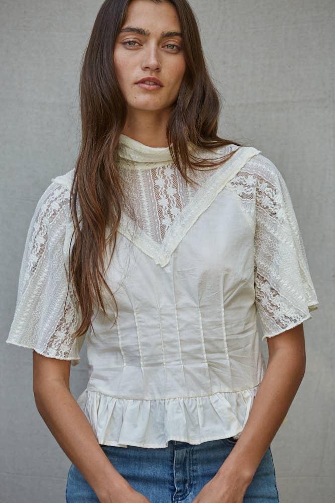 By Together -  Woven Cotton Sheer Lace Mock Neck Short Sleeve Top