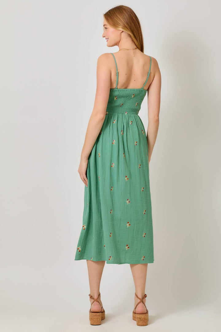 Mystree - Embroidered Double Gauze Smocked Dress in Emerald back