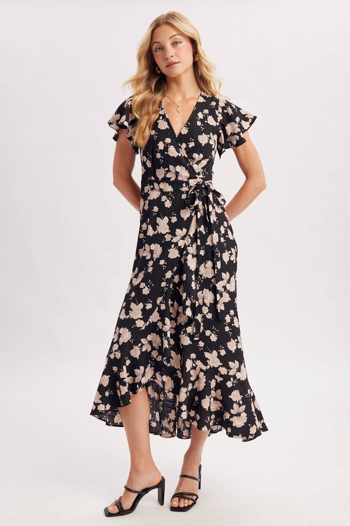Bluivy Floral Ruffle Wrap Midi Dress in Black 5