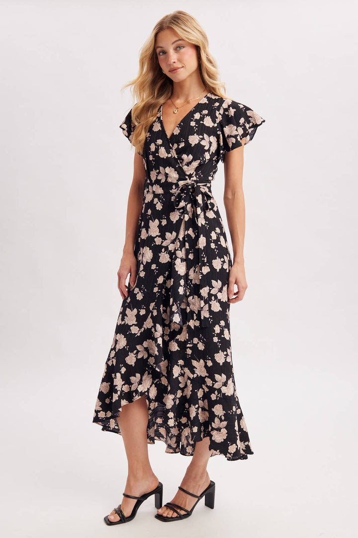 Bluivy Floral Ruffle Wrap Midi Dress in Black 7