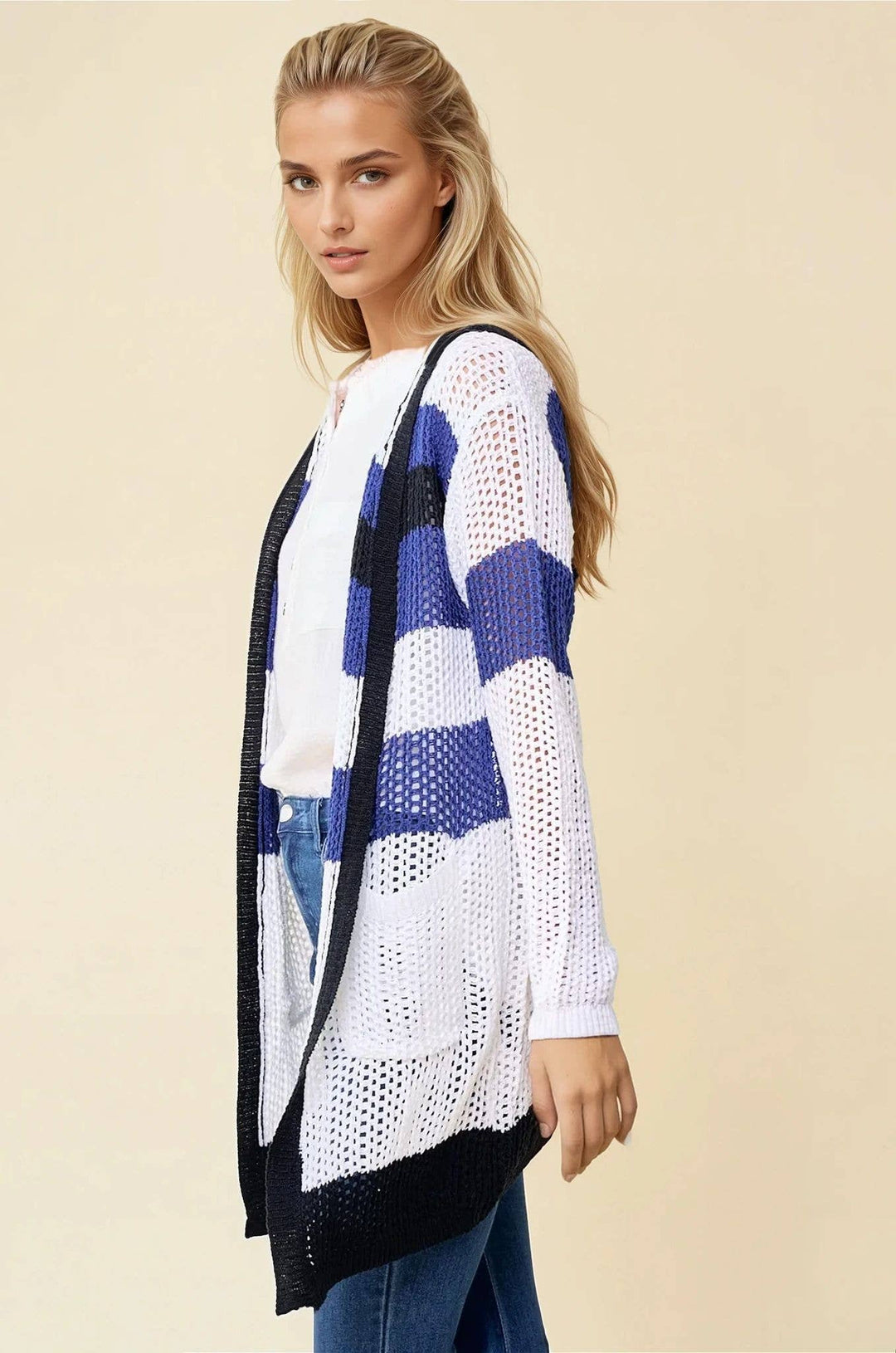 Doe and Rae Stripe Hoodie Cardigan in Navy/Black 3