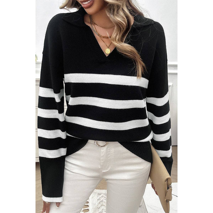 V Neck Drop Shoulder Strip Knit Loose Sweater blk2