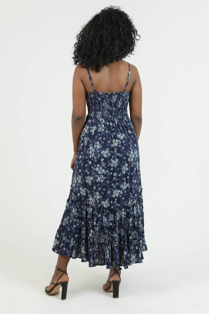 Angie Eyelet Embroidered Printed V-Neck Midi Dress in Navy 2