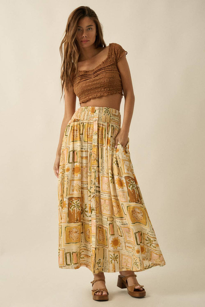 Promesa USA - Tropical-Print Smocked Maxi Skirt in Butter
