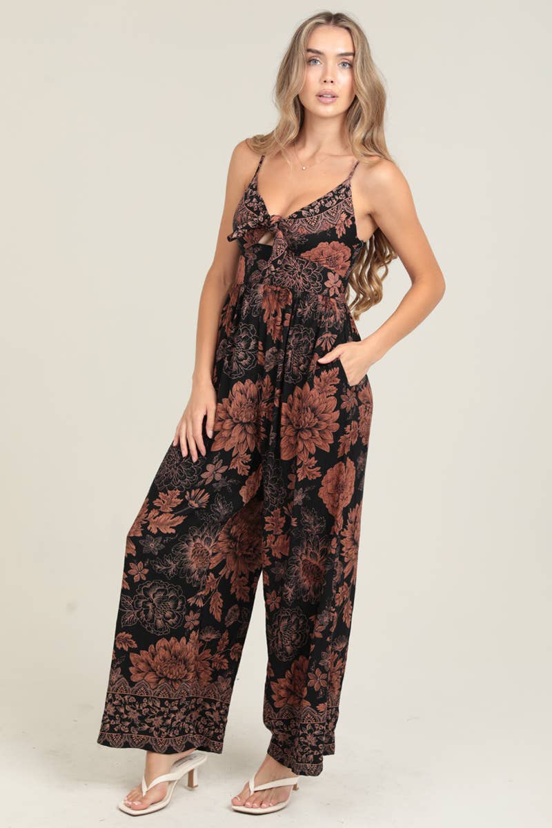Angie Tie Bust Wide Leg Jumpsuit with Pockets in Black
