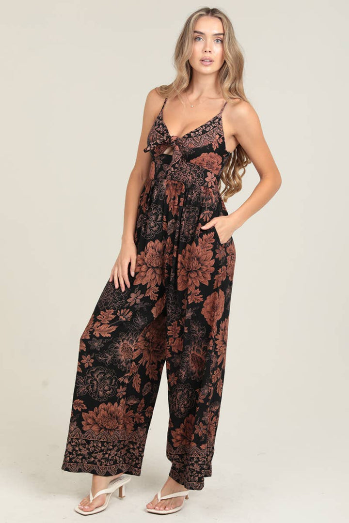 Angie Tie Bust Wide Leg Jumpsuit with Pockets in Black