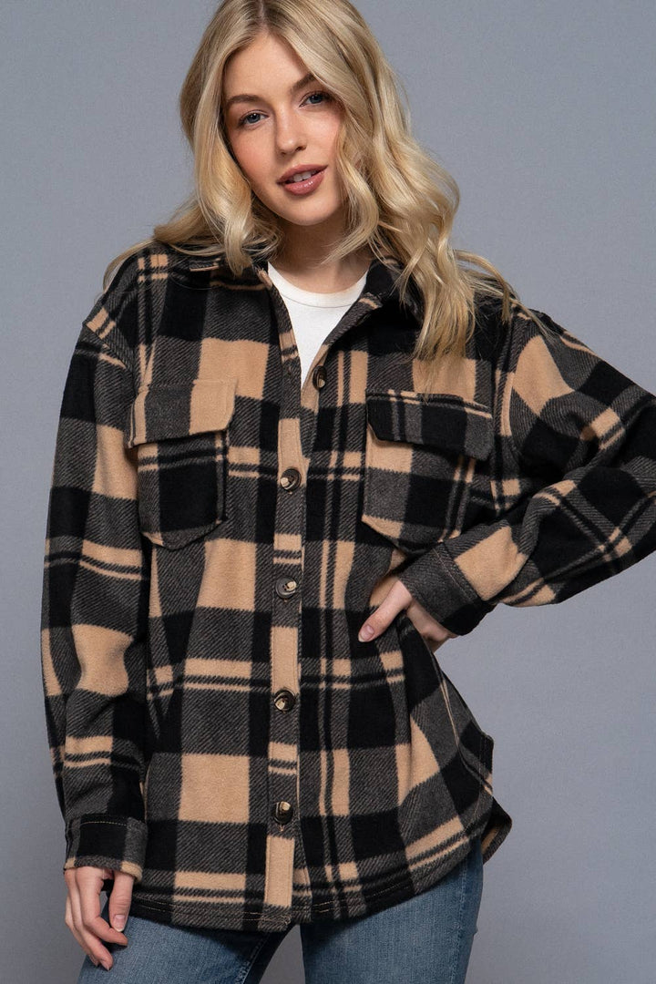 Long Sleeve Check Printed Fleece Shacket Taupe