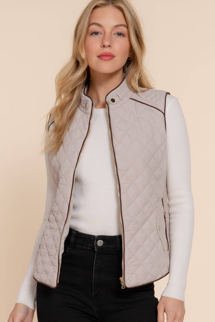 Active Basic - Suede Piping Detail Rib Quilted Padding Vest in Taupe