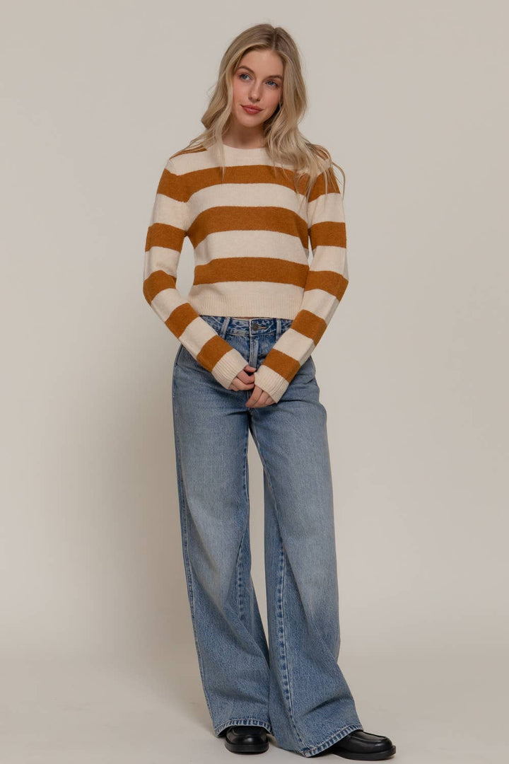 Long Sleeve Crew Neck Stripe Sweater Camel/Ivory 3