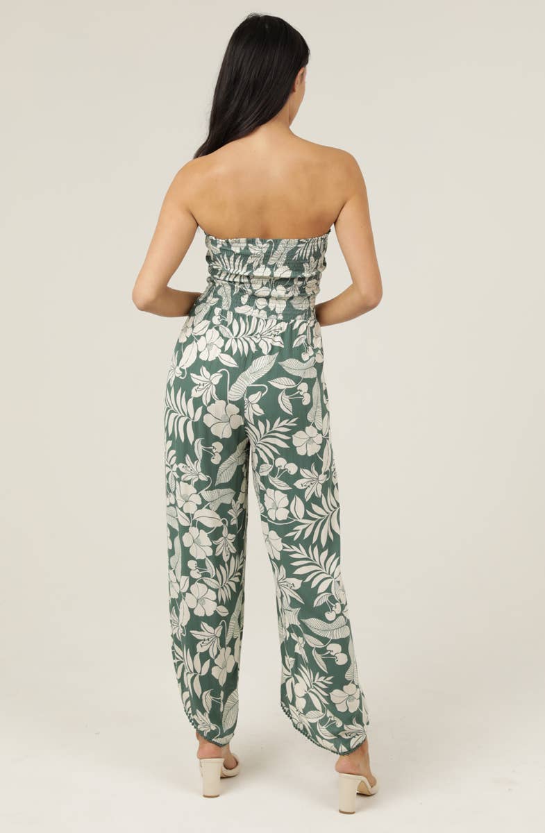Angie Smocked Bodice Wrap Leg Jumpsuit in Green back