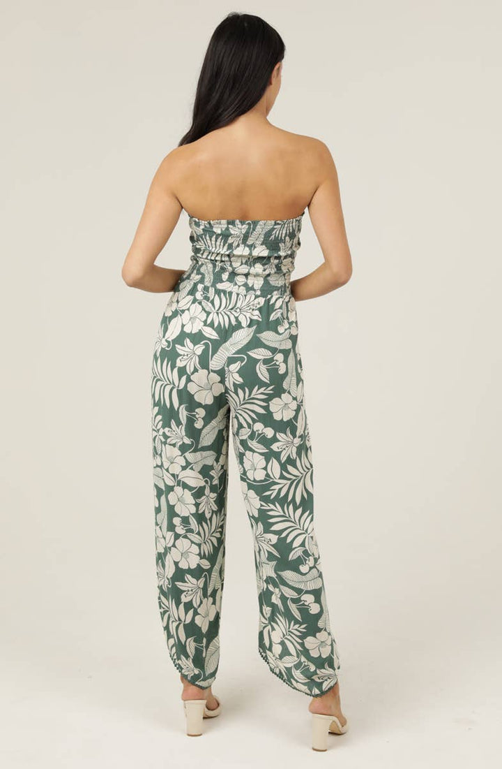 Angie Smocked Bodice Wrap Leg Jumpsuit in Green back