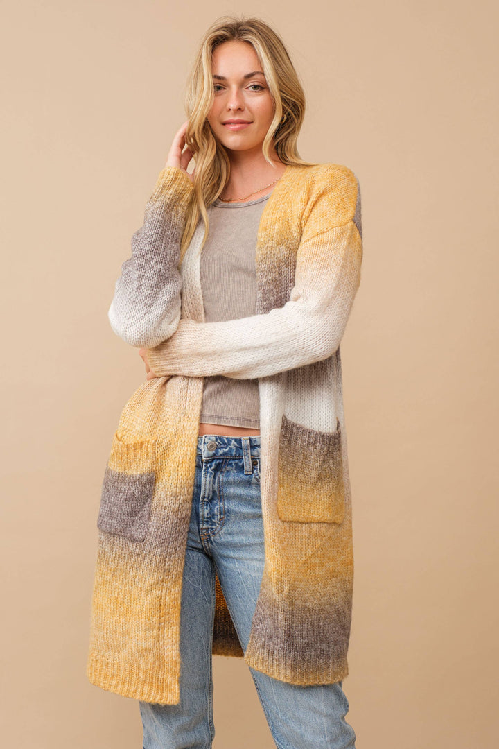 Ombre Brushed Yarn Knit Open Cardigan mustard7