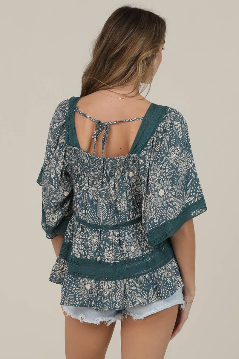 Angie Lace Trim Printed Wide Sleeve Blouse in Blue 3