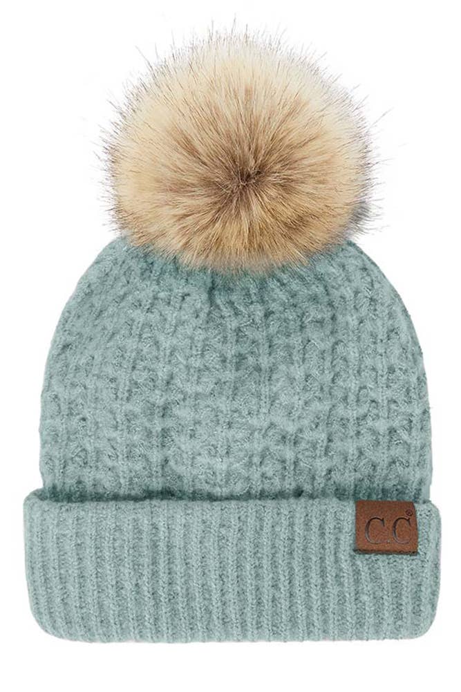 Hana - C.C. Smocking-Stitch Cuffed Pom Beanie in winter mint