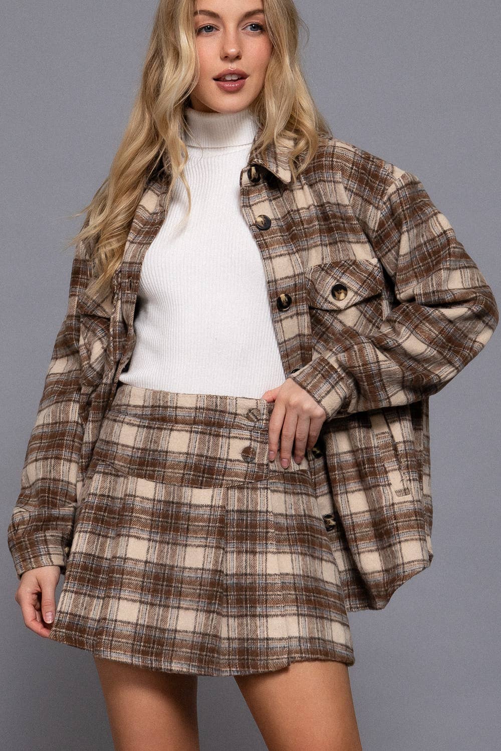 Active USA - Pleats Detail Plaid Skirt in Taupe 1
