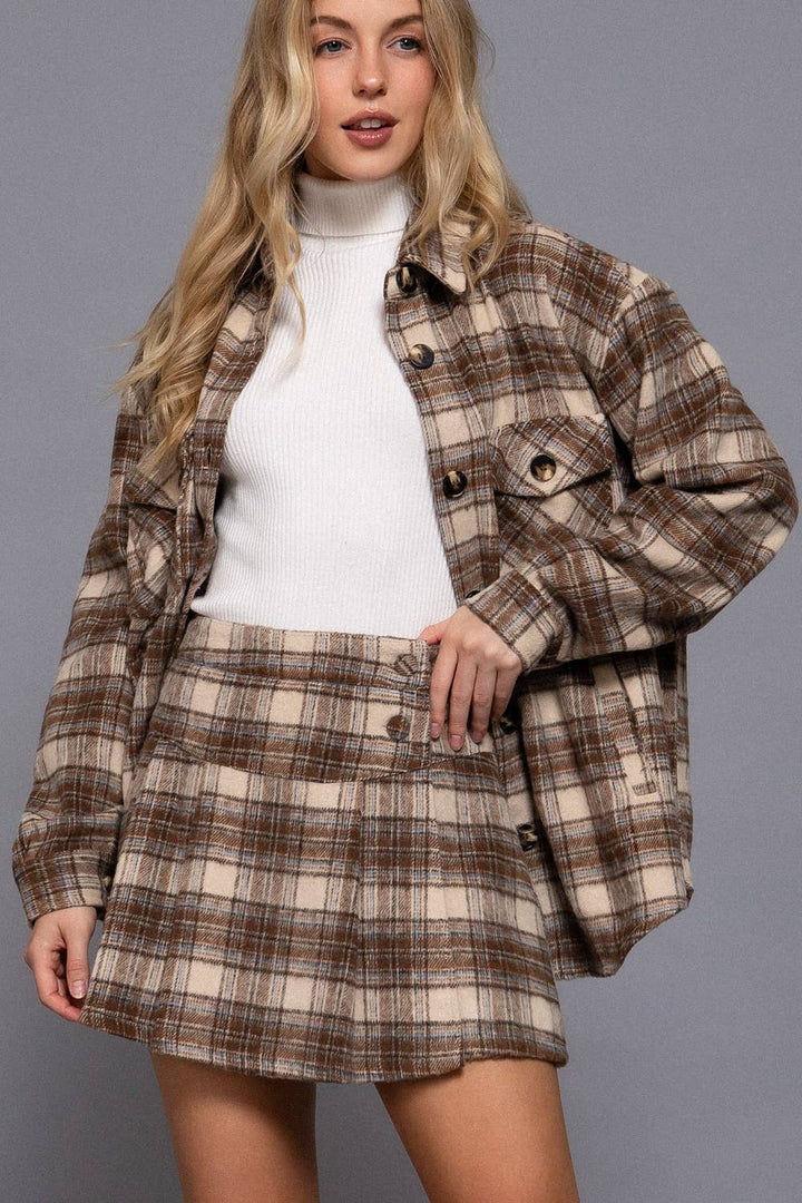 Active USA - Pleats Detail Plaid Skirt in Taupe 1