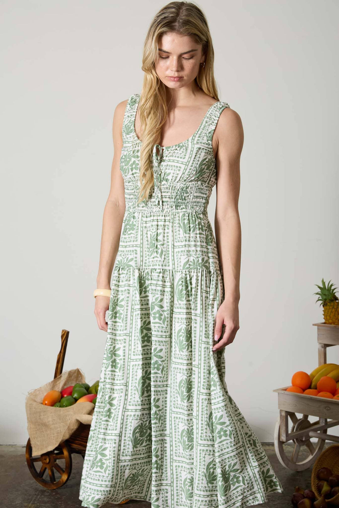 Blu Pepper - Floral Tile Print Sleeveless Smocked Midi Dress in Olive 2