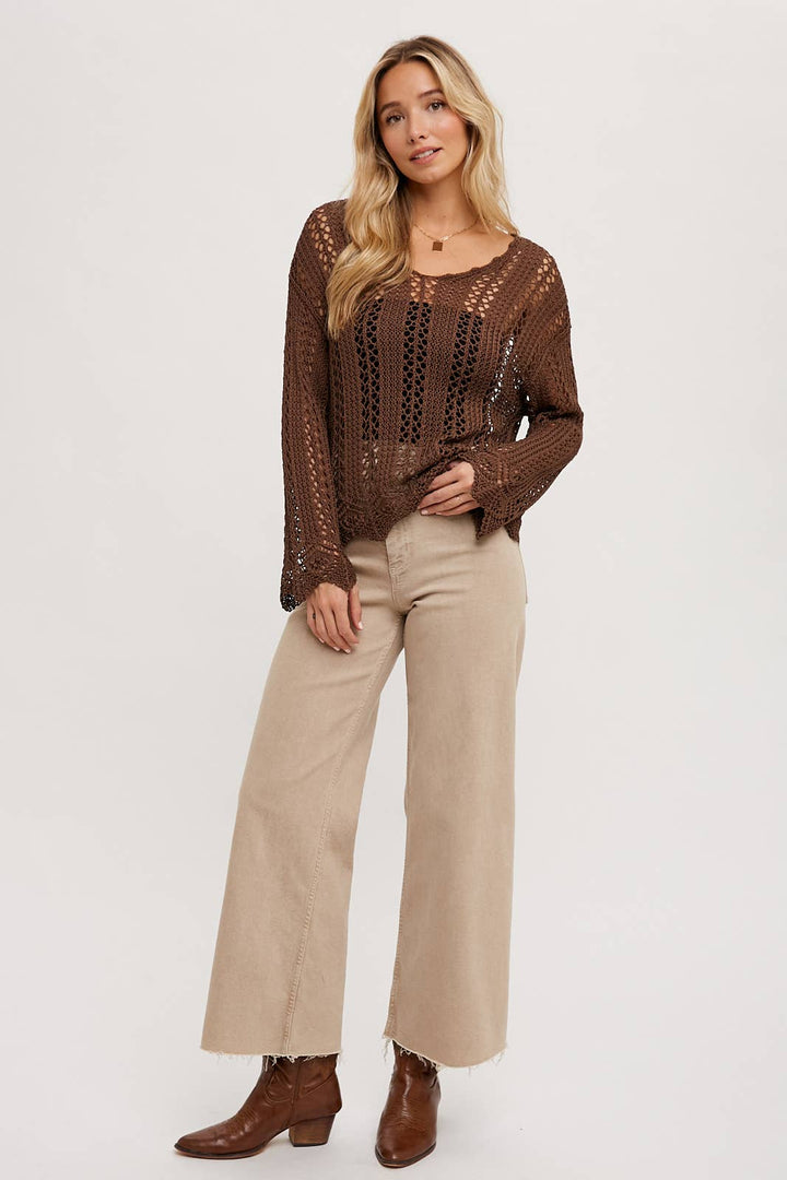 Open Knit V-Neck Pullover chocolate4