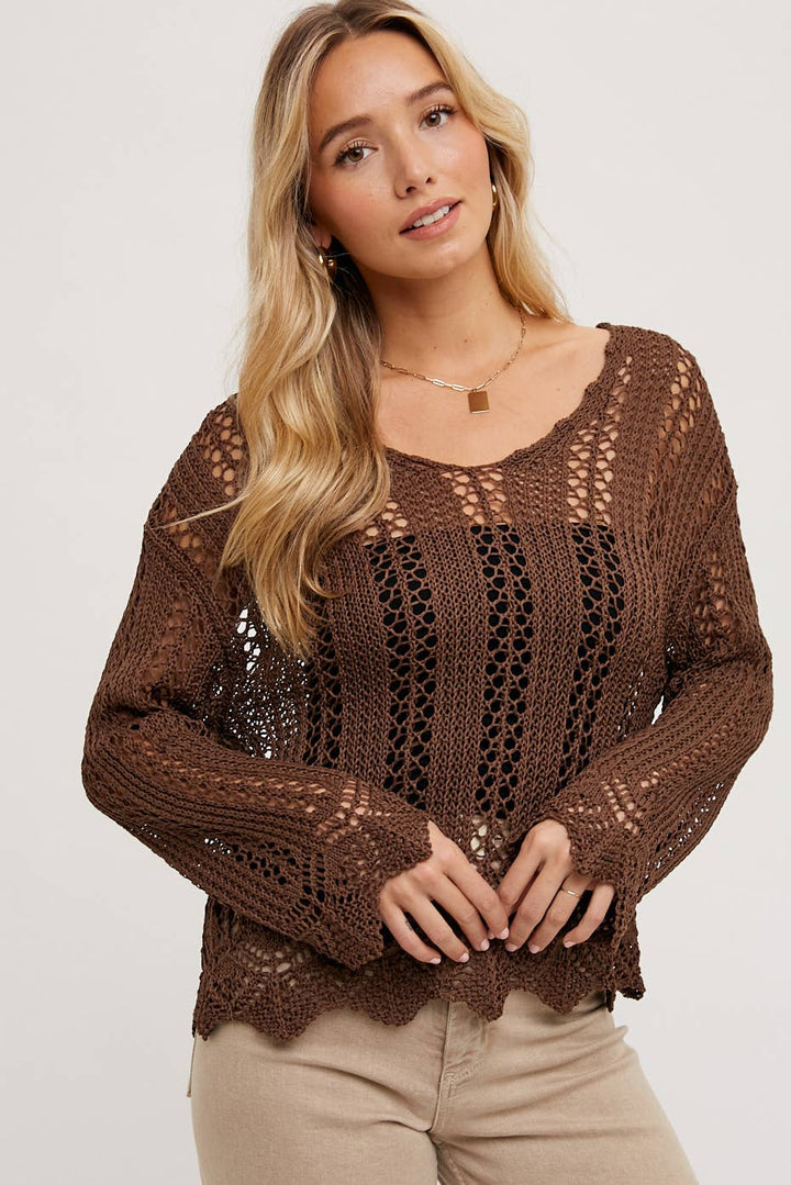 Open Knit V-Neck Pullover chocolate2