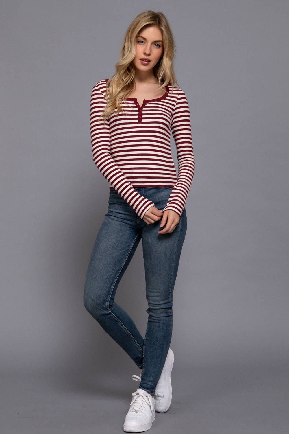 Active USA - Long Sleeve Henley Neck Stripe Brushed Rib Top in Burgundy 4