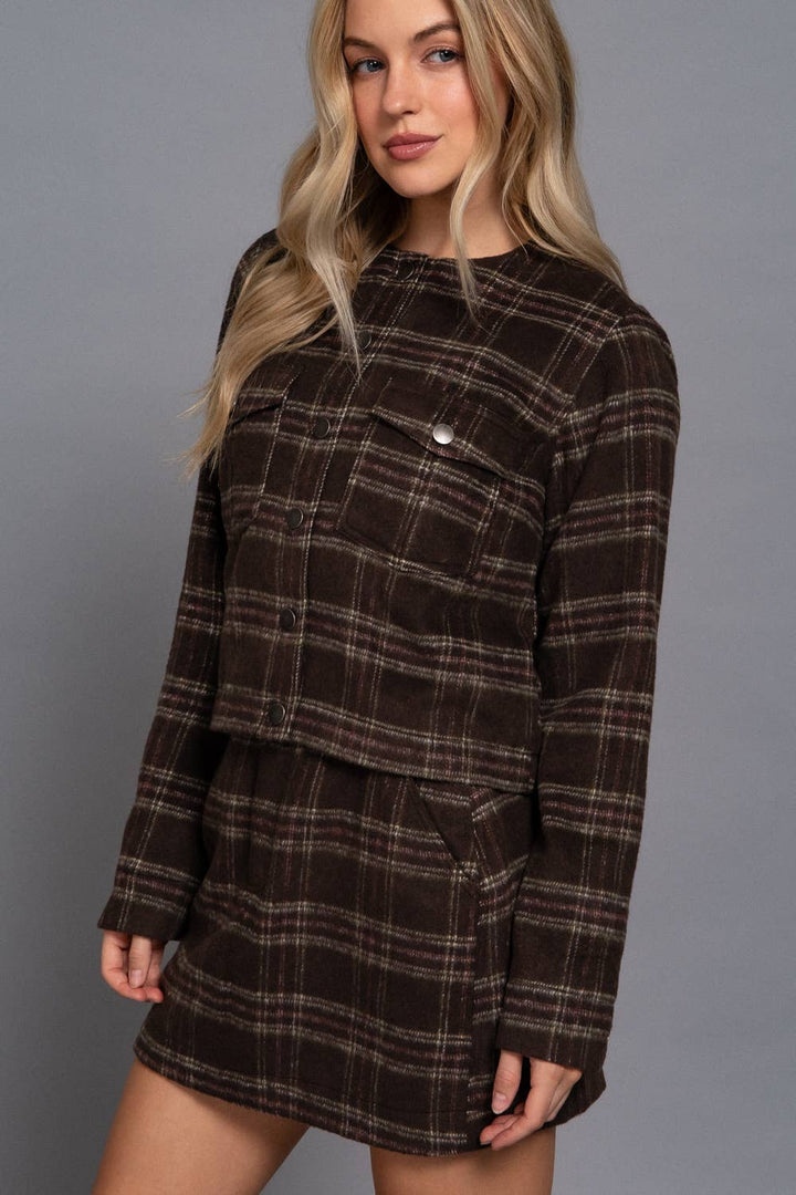 Round Neck Brushed Plaid Jacket Brown