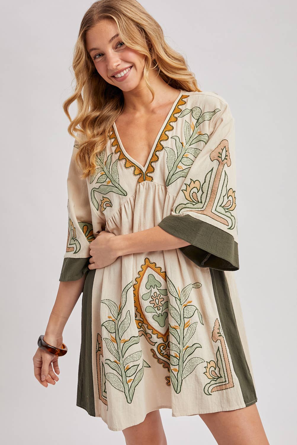 Bluivy Boho Embroidered Babydoll Dress - Sage