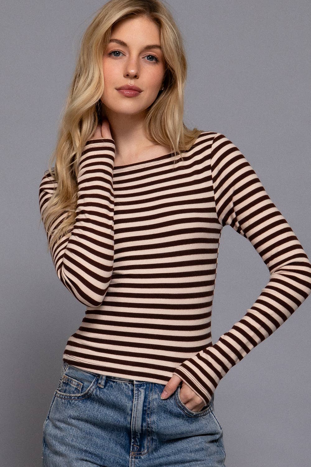 Active USA - Long Sleeve Boat Neck Stripe Top 1