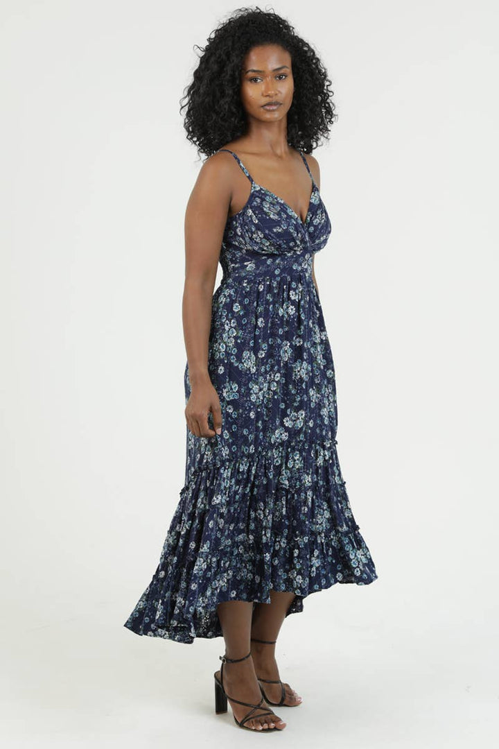 Angie Eyelet Embroidered Printed V-Neck Midi Dress in Navy 1