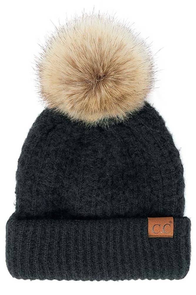 Hana - C.C. Smocking-Stitch Cuffed Pom Beanie black