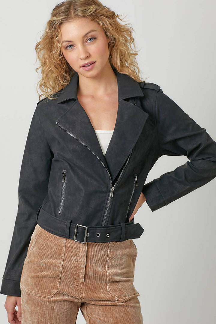 Mystree Black Leather Moto Jacket with Belt