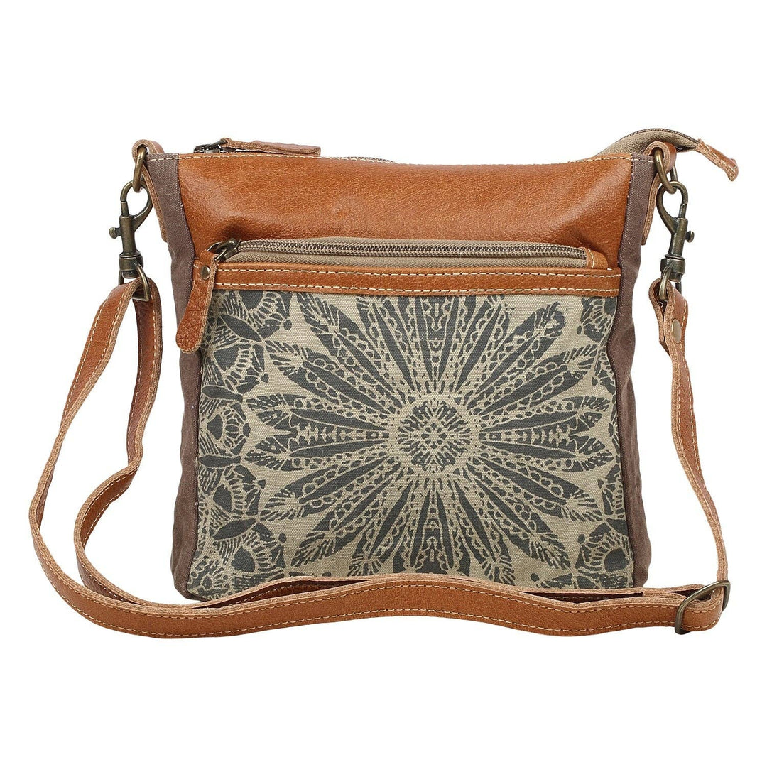 Myra Bag Dizzy Circle Small Crossbody Bag - Brown Leather and Canvas with Sunburst Mandala Print