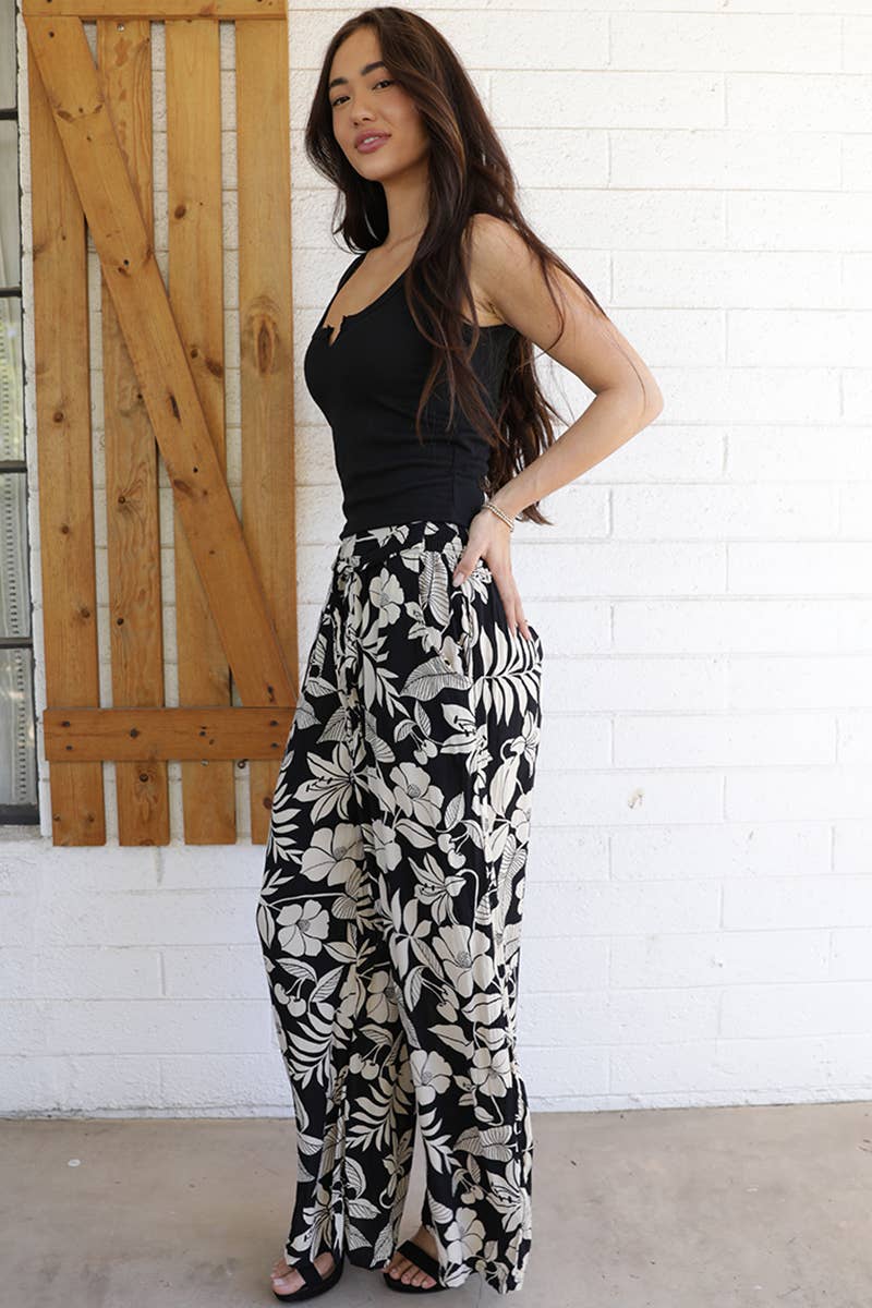Angie Printed Wide Leg Pants with Tie Waist in Black 2