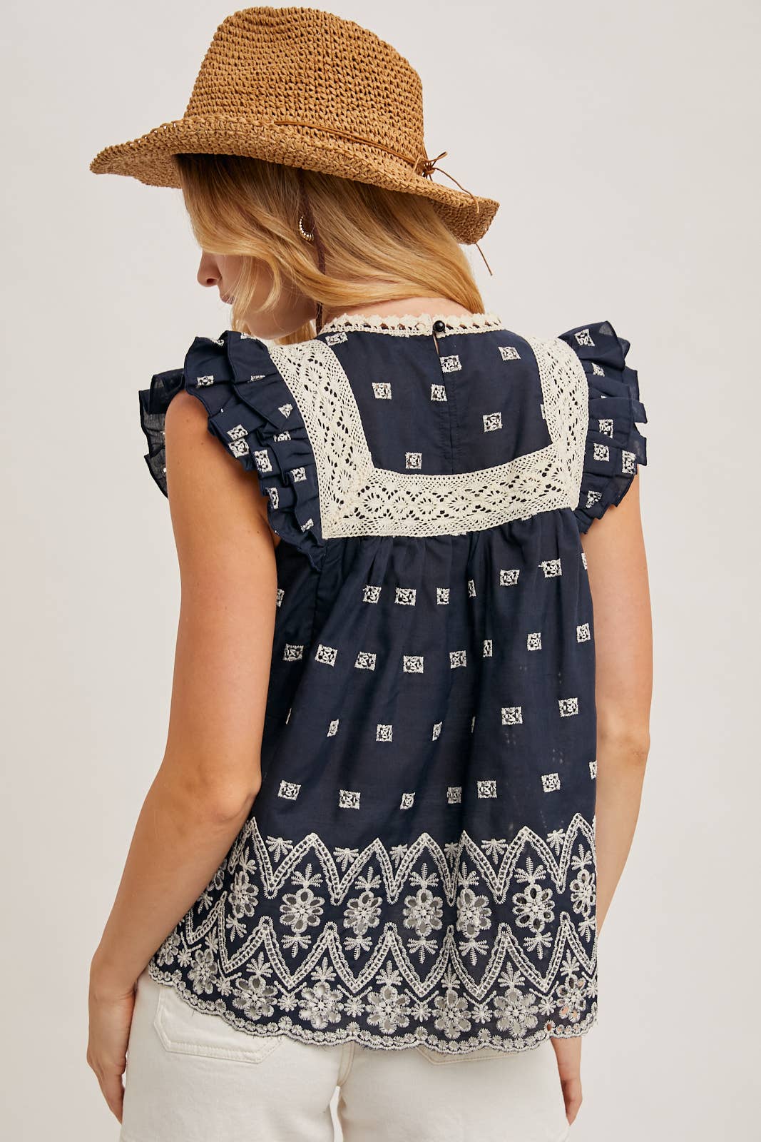 Bluivy Boho Floral Embroidered Blouse Top - Navy