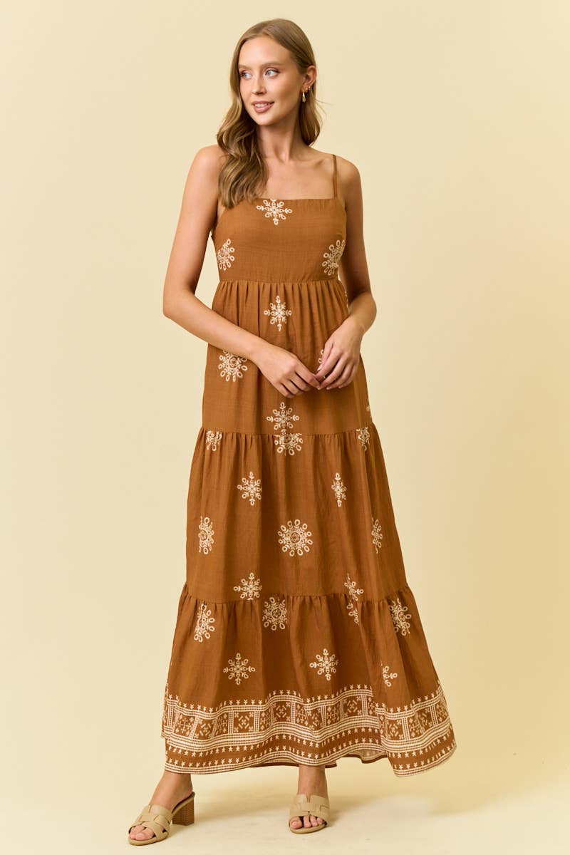 Doe and Rae - Border Print Maxi Dress with Front Tie in Mustard