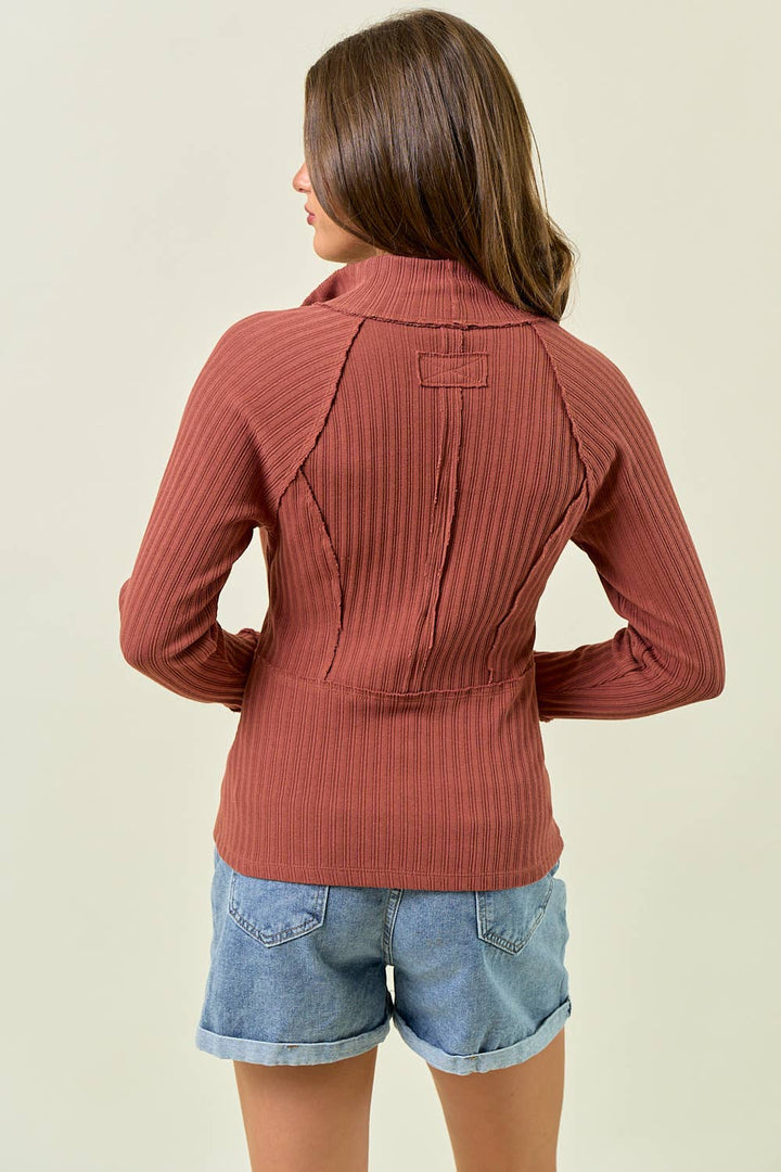 Doe and Rae - Half Zip-Up Long Sleeve Top with Thumb Hole in Rust back