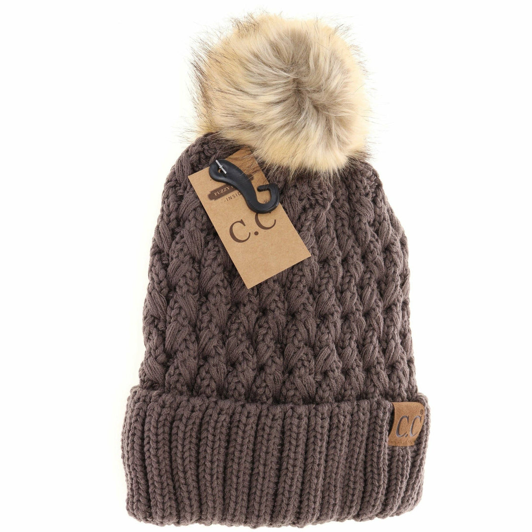 C.C Beanie Solid Lattice Fur Pom Cc Beanie Yj826