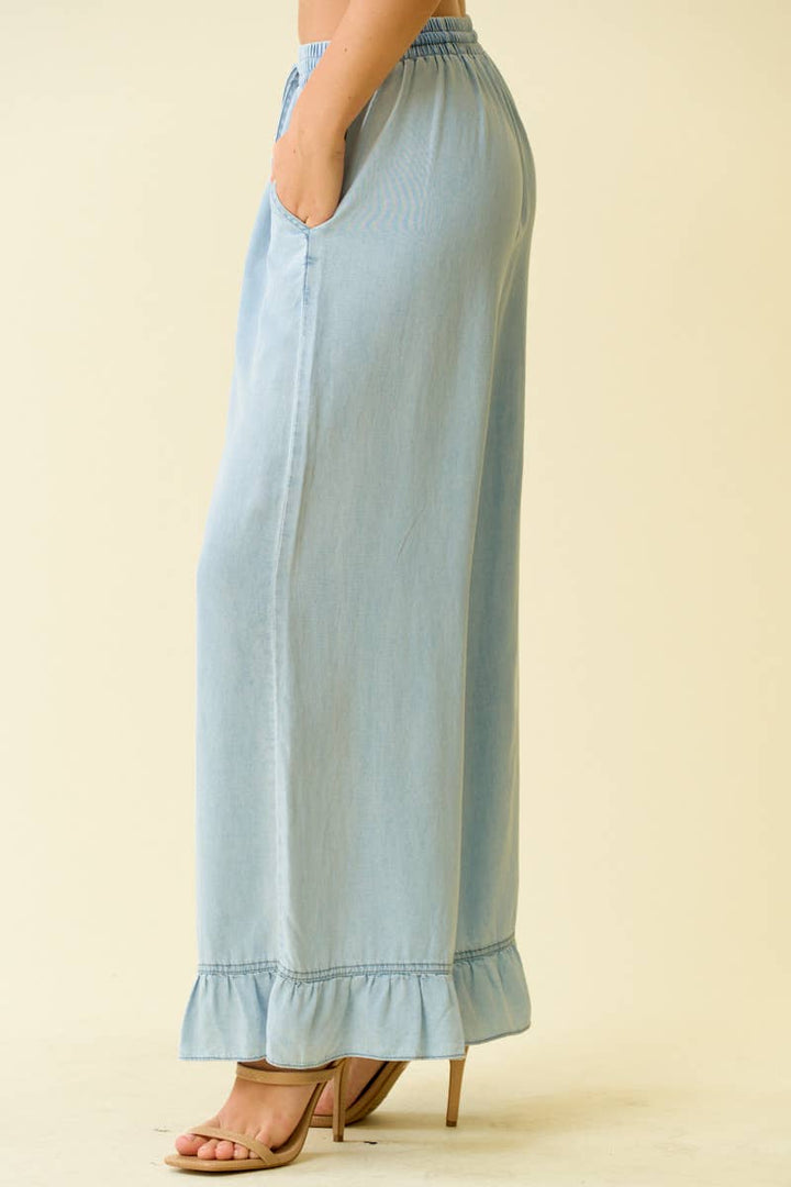 Doe and Rae Denim Ruffle Bottom Wide Leg Pants LT. Denim 1