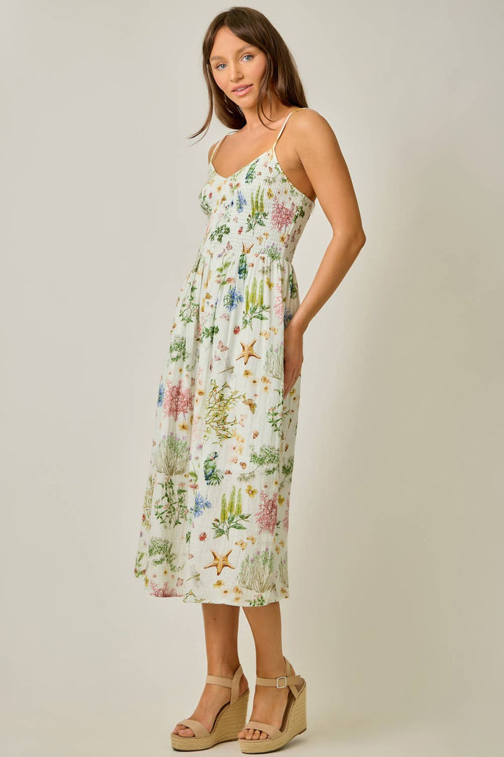 Mystree - Printed Double Gauze Smock Dress in Ivory side