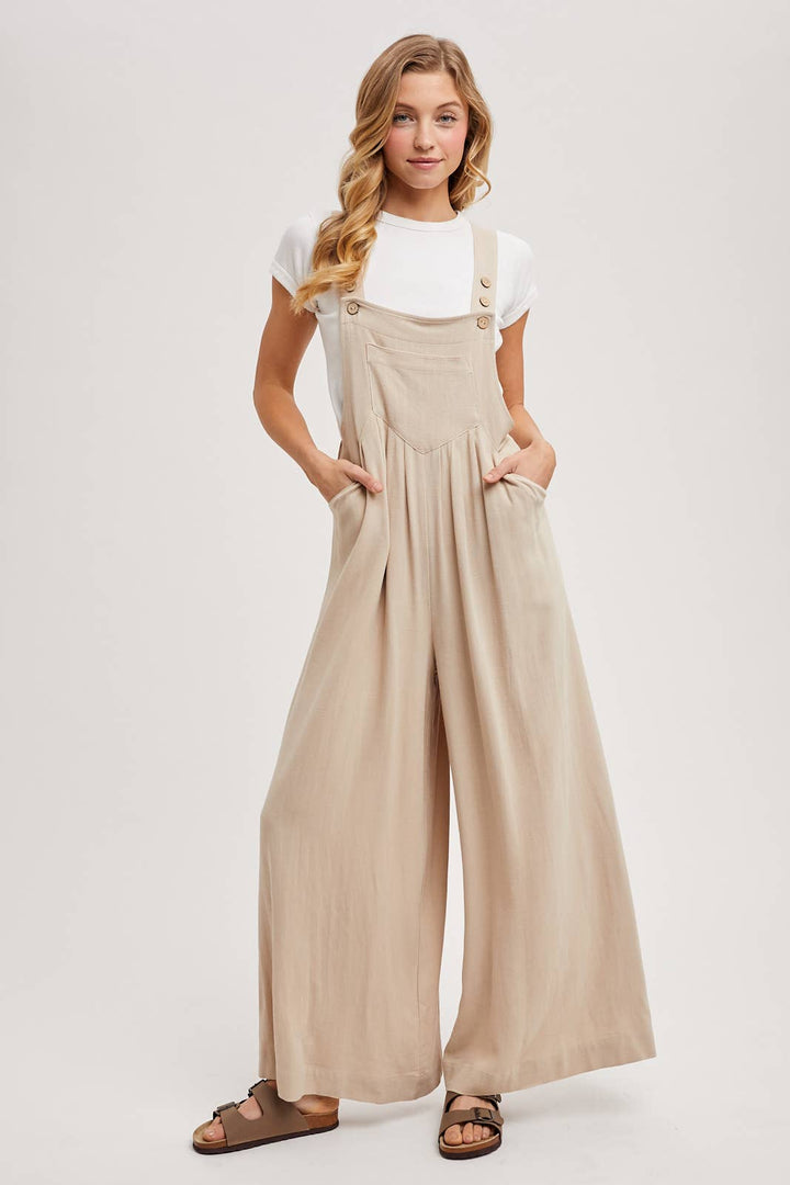 Bluivy - Flowy Wide Leg Overall Jumpsuit beige