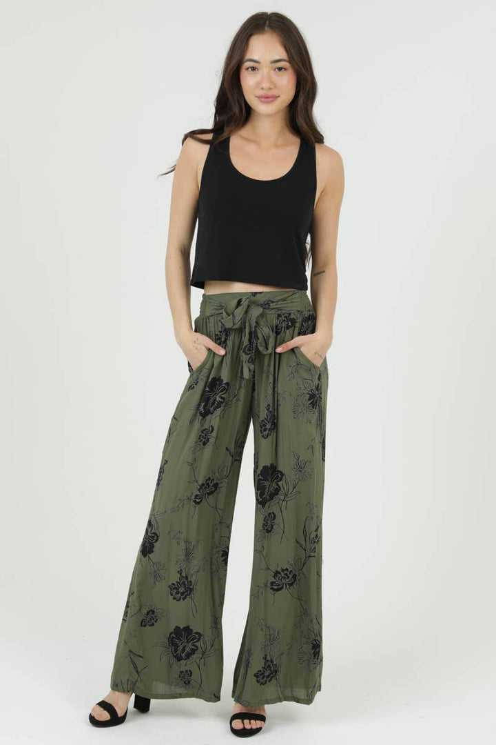  Angie Tie Waist Wide Leg Printed Pants in Olive