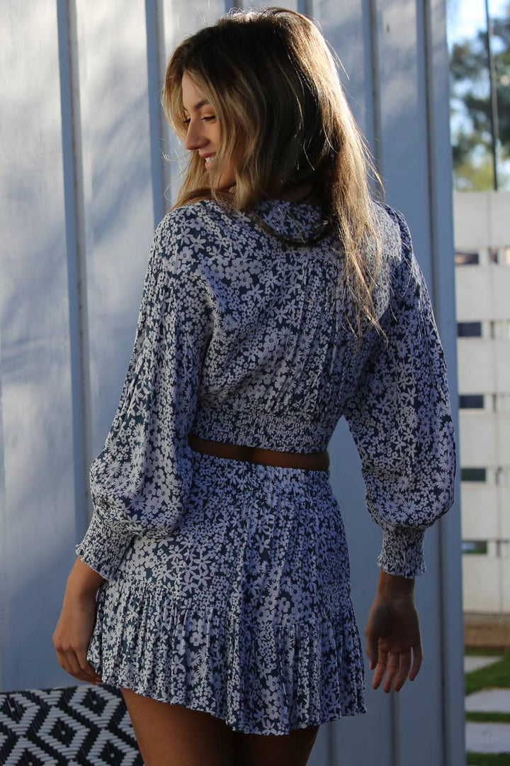 Angie Printed Long Sleeve Crop Top in Blue back