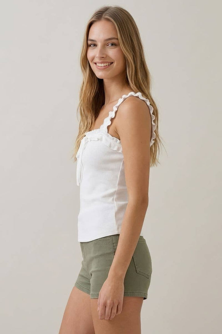Doe and Rae Mini Ruffle Detail Rib Tank Top in Off White 1