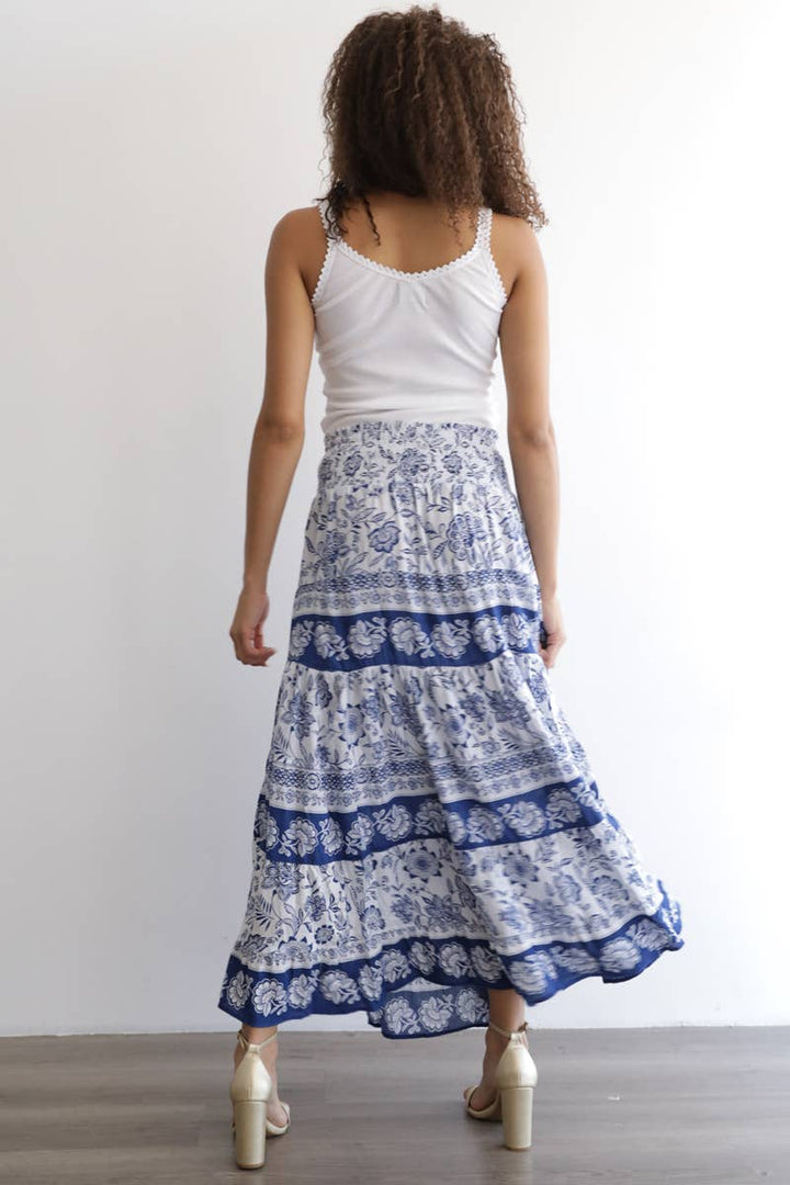 Angie Printed A-Line Tiered Maxi Skirt with Smocked Waist in Ivory-Blue back
