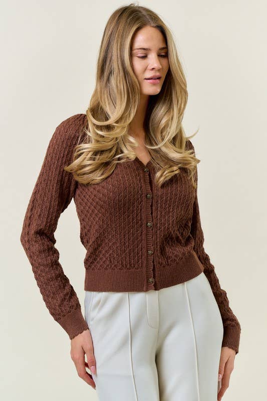 Pointelle Cardigan Rose Buttons mocha