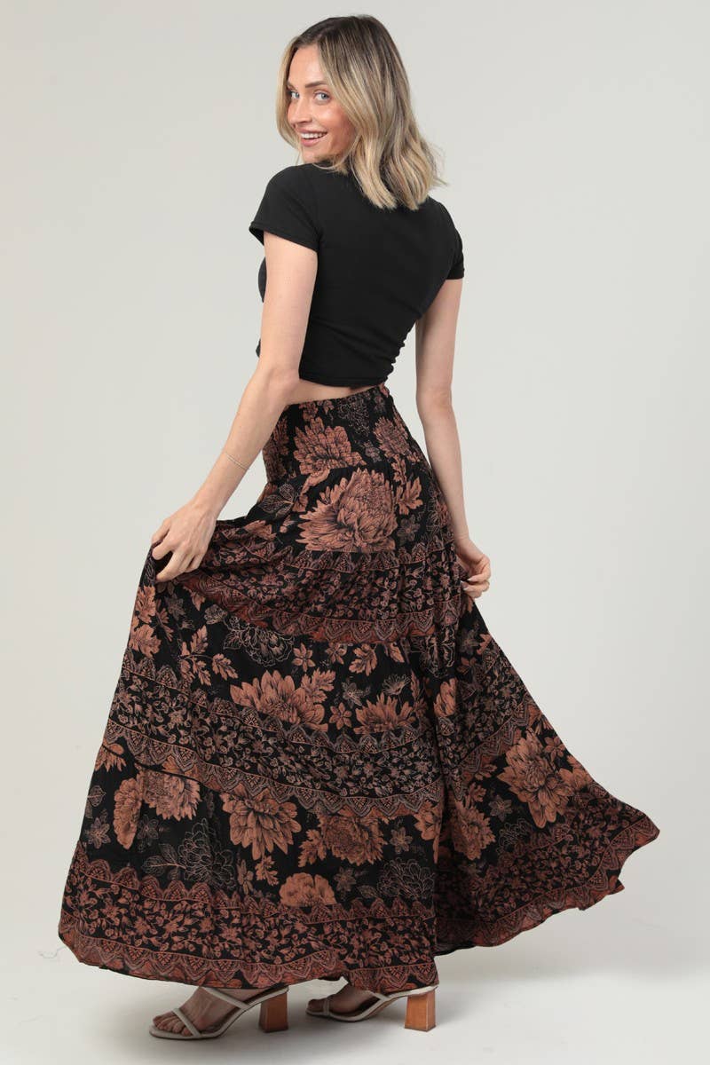 Angie Smocked Waistband Tiered A-Line Maxi Skirt in Black 4