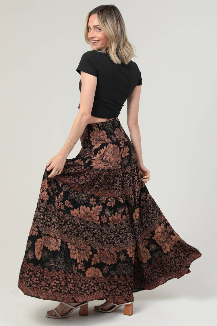 Angie Smocked Waistband Tiered A-Line Maxi Skirt in Black 4