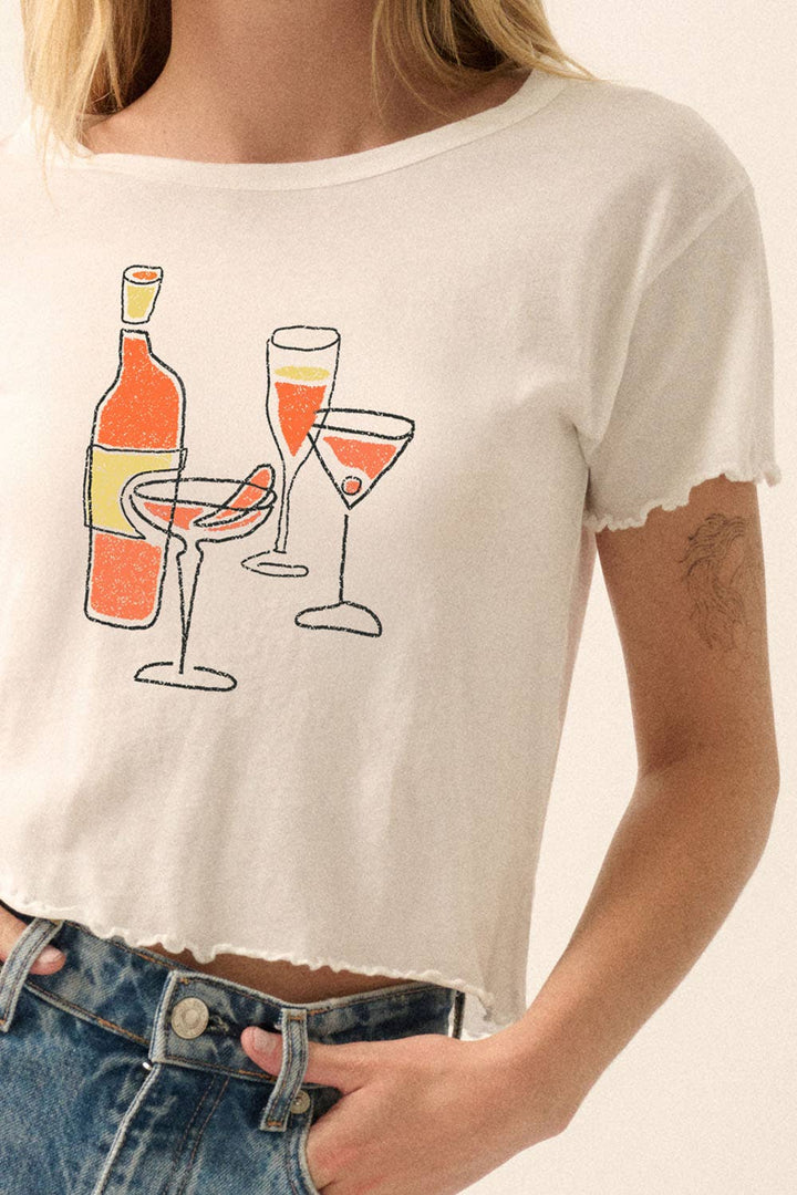 Promesa USA - Hand-Drawn Cocktails Cropped Graphic Baby Tee Ivory 1